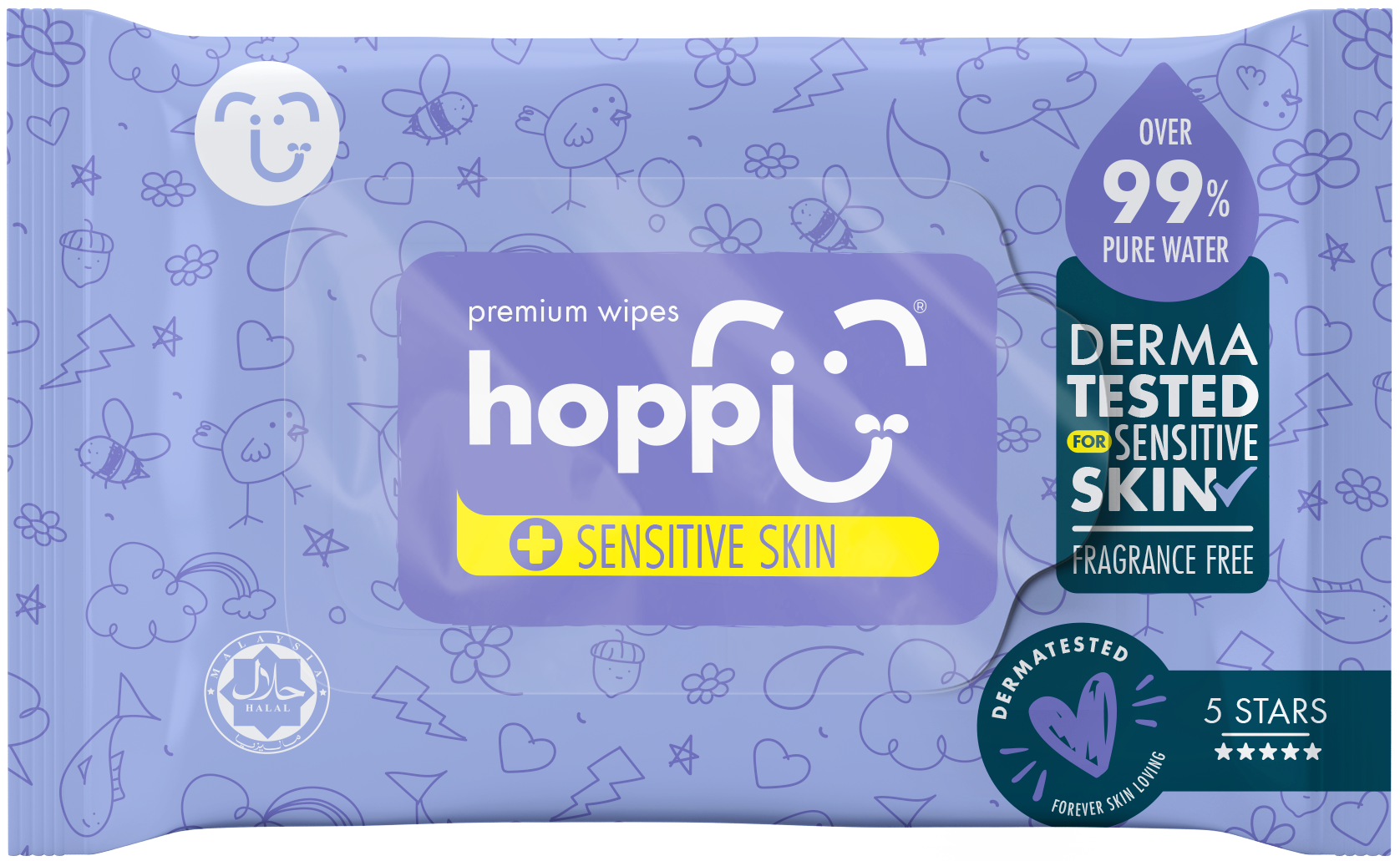 Hoppi Premium Wipes [German Dermatologically Tested] with Halal Certified (20 Wipes x 5 Packs)
